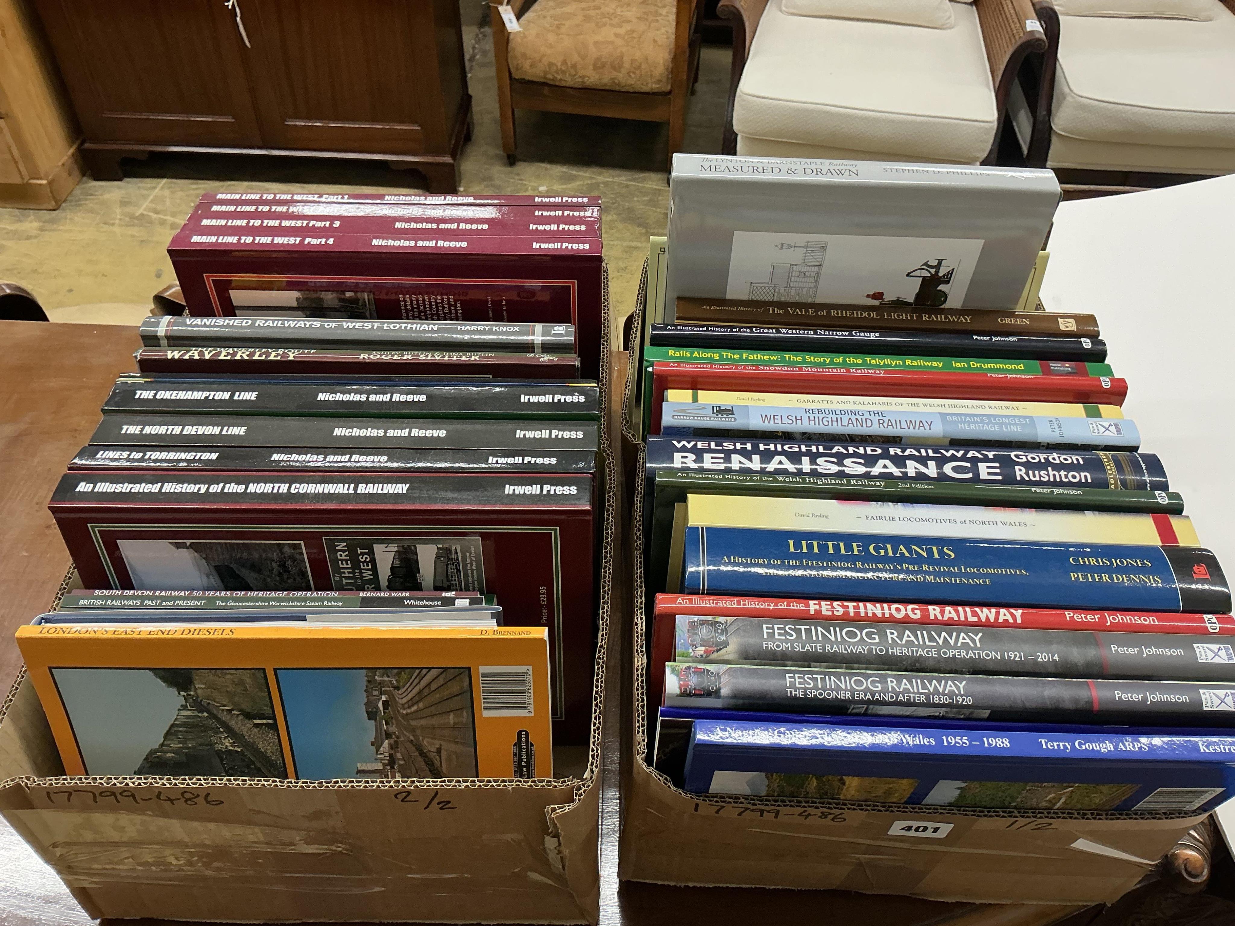 Two boxes of railway related books, subjects include; the Festiniog Railway, the Welsh Highland Railway, The Vale of Rheidol Light Railway, the Royal Arsenal Railways, the North Cornwall Railway, the North Devon Line, th